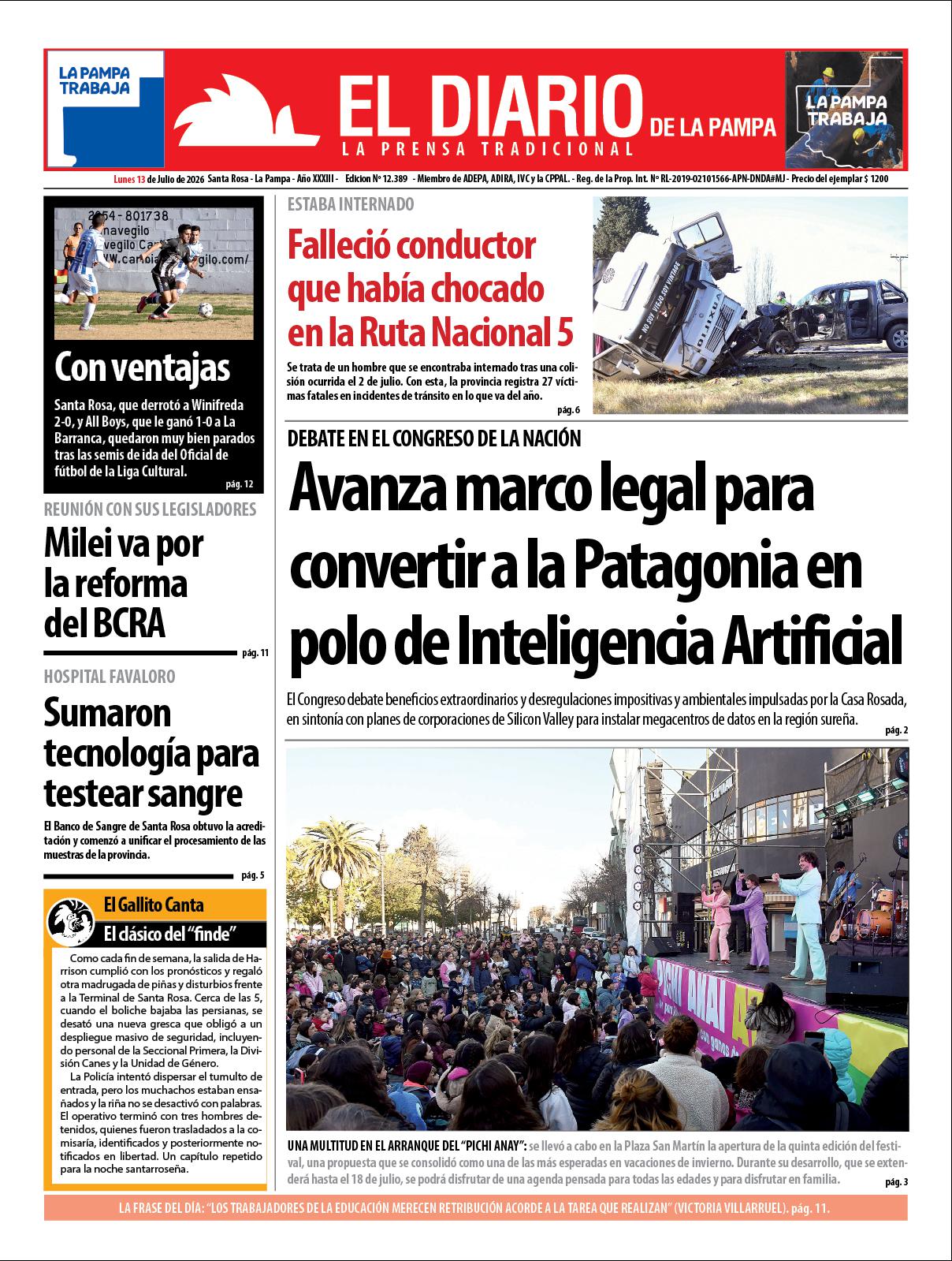 Tapa de El Diario en papel  lunes 13 de julio de 2026